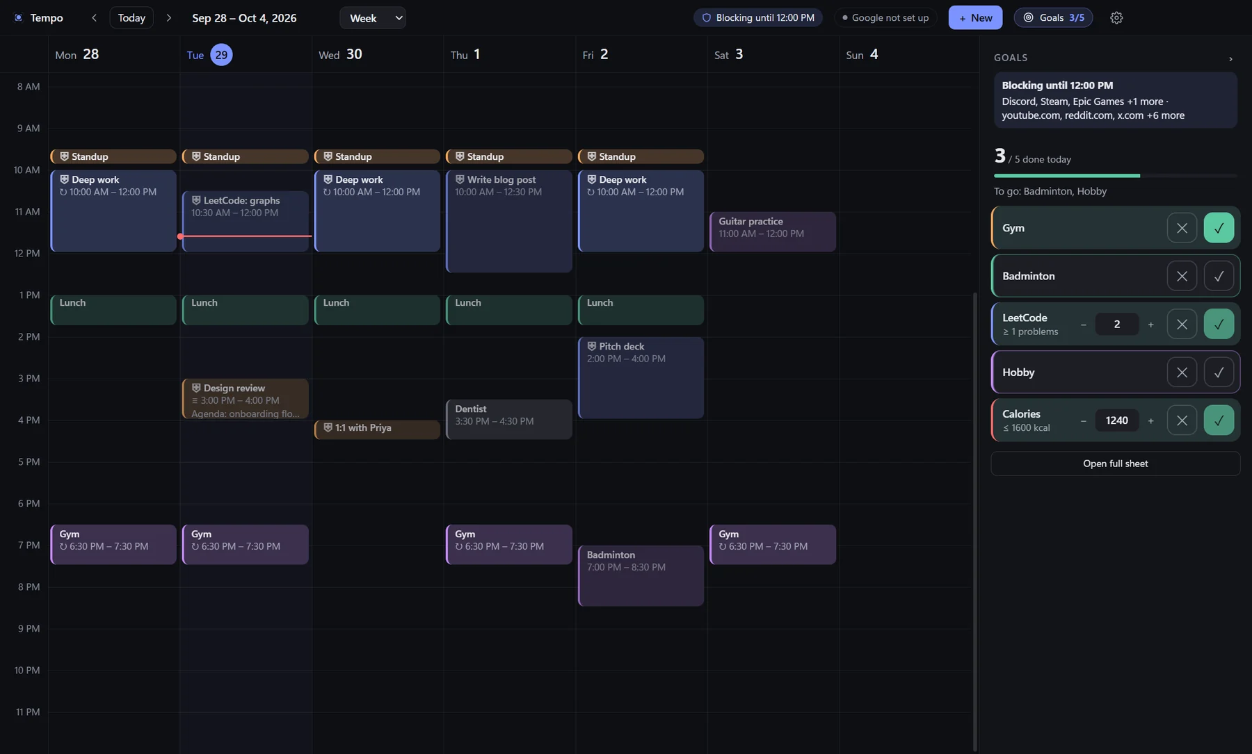 Tempo week view in dark mode: standups, deep work focus blocks with a shield icon, lunch, gym sessions that repeat, and a goals panel on the right showing 3 of 5 done, with Blocking until 12:00 PM at the top.