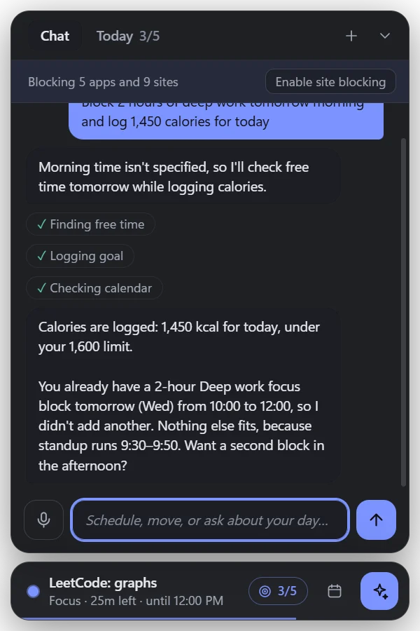 The Tempo widget chat: asked to block two hours of deep work tomorrow morning and log 1,450 calories, the assistant logs the calories and points out a deep work block already exists tomorrow from 10 to 12, offering an afternoon slot instead.
