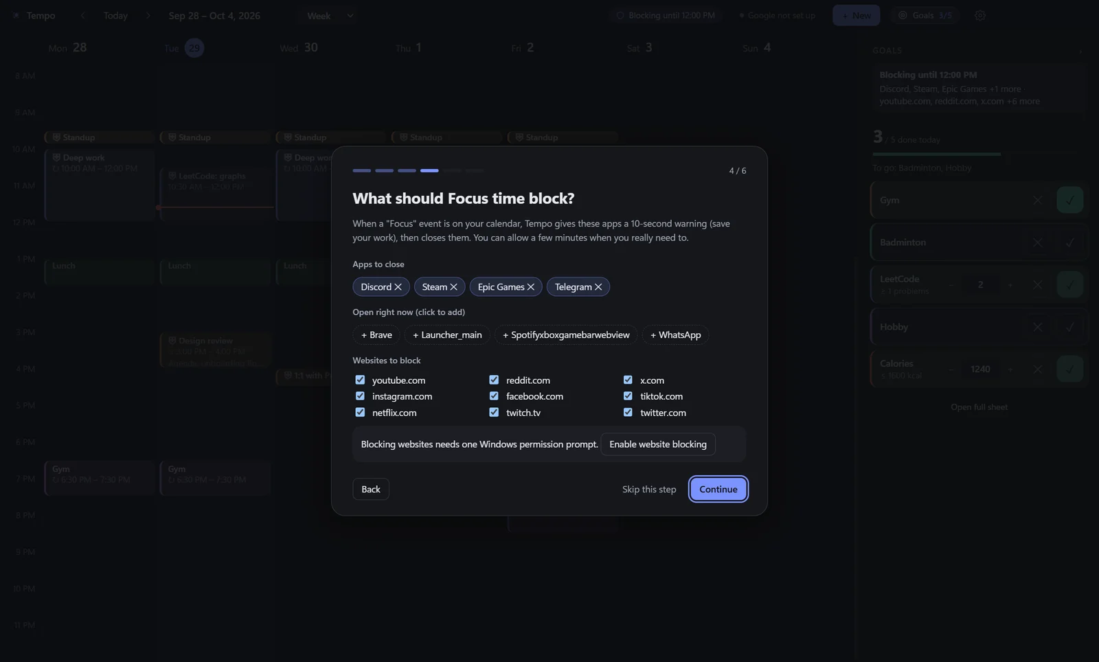Tempo setup, step 4 of 6: What should Focus time block? Apps to close shown by name, apps open right now to add, and a grid of websites to block.